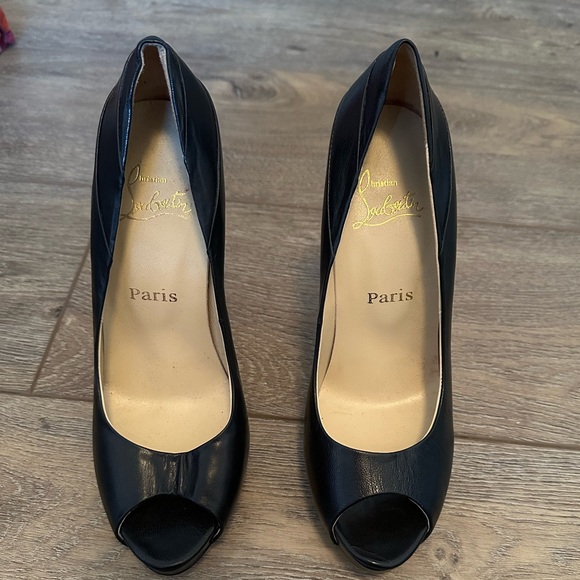 Black 5 inch Peep Toe Heels with Red Bottoms - Picture 2 of 6